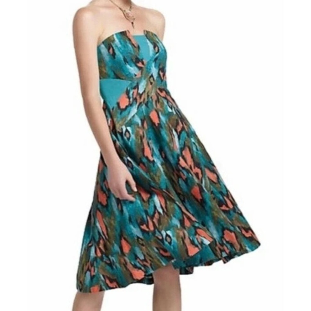 Anthropologie Girls From Savoy Teal Painted‎ Ikat Flared Strapless Dress Size 8